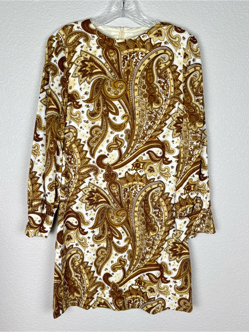 Vtg Dress Small Paisley Long-Sleeve Mini Dress Cream and Brown Vintage 60s 1960s